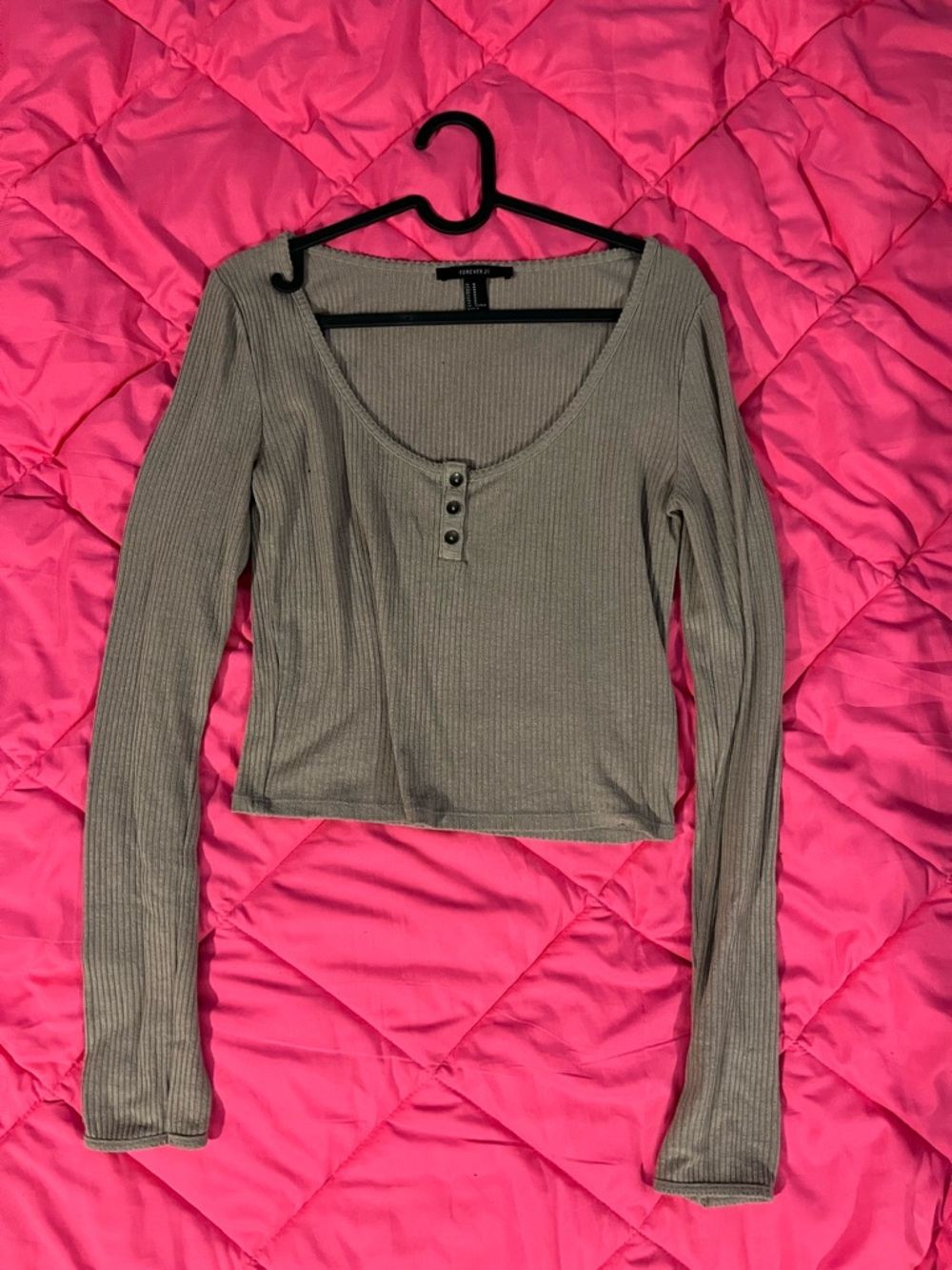 Forever 21 Ribbed Scoop-Neck Long Sleeve Top in Taupe